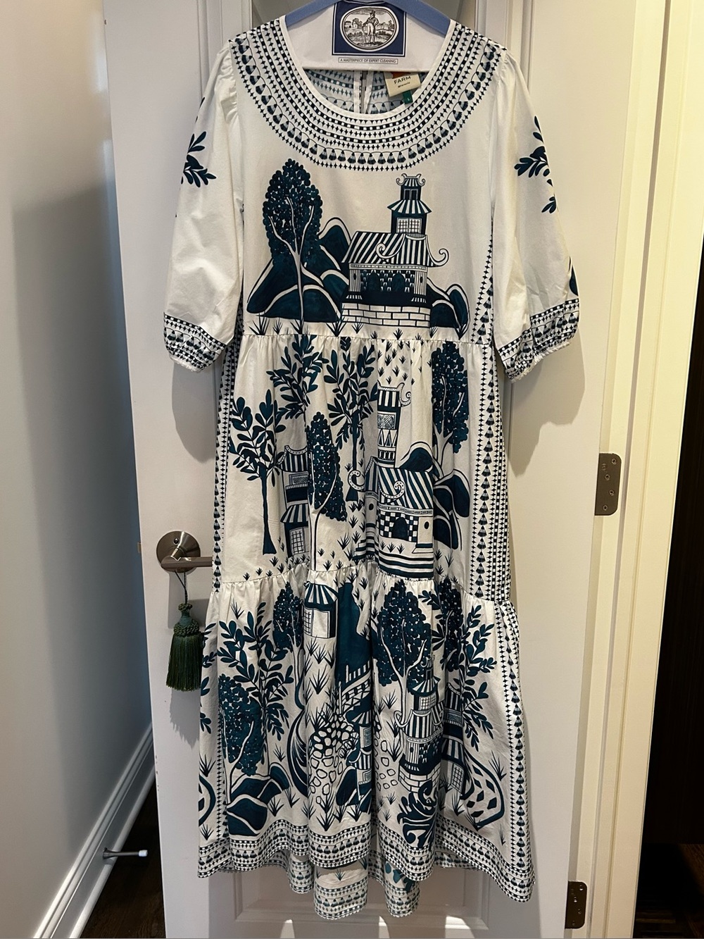 FARM Rio White Maxi Dress with Blue Scenic Print